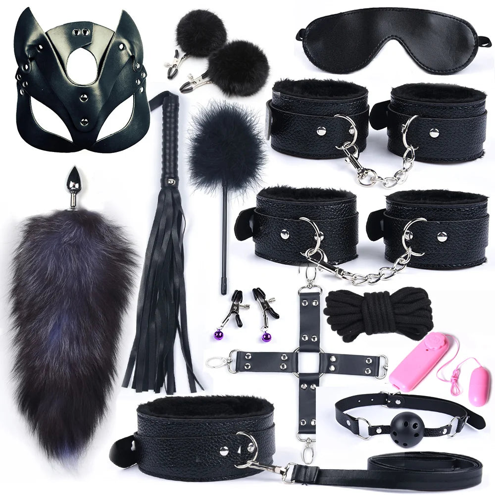 Sex toys for Women Bdsm Sex Bondage Set Handcuffs Whip 40CM Fox Tail Anal Plug Adult Games