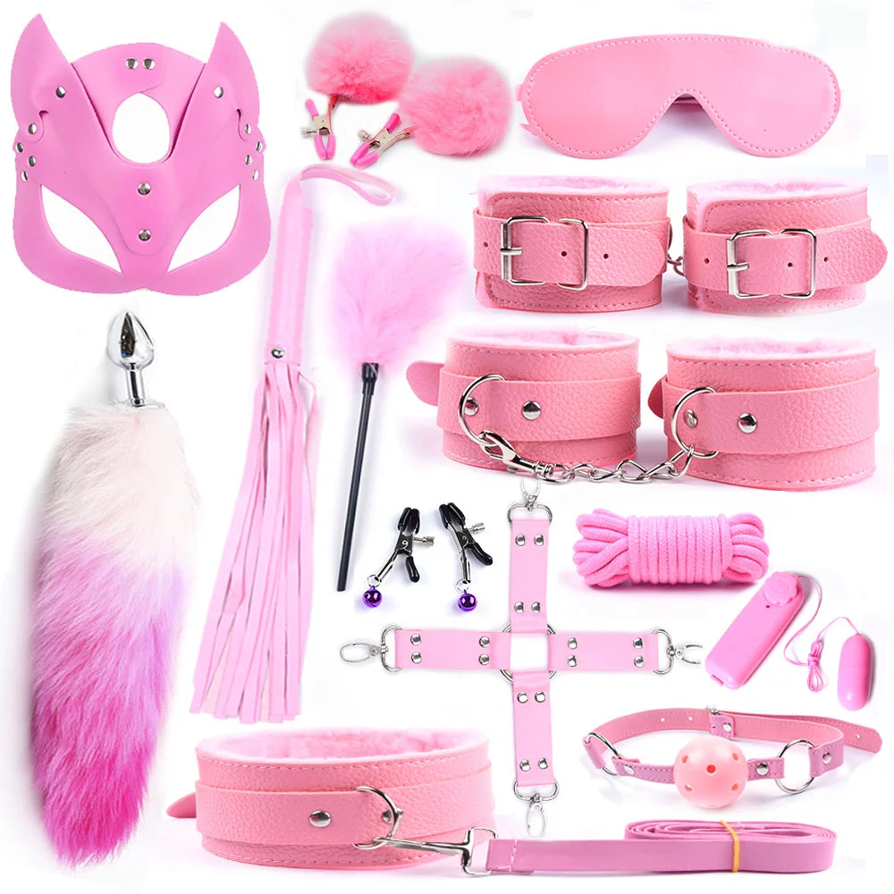 Sex toys for Women Bdsm Sex Bondage Set Handcuffs Whip 40CM Fox Tail Anal Plug Adult Games